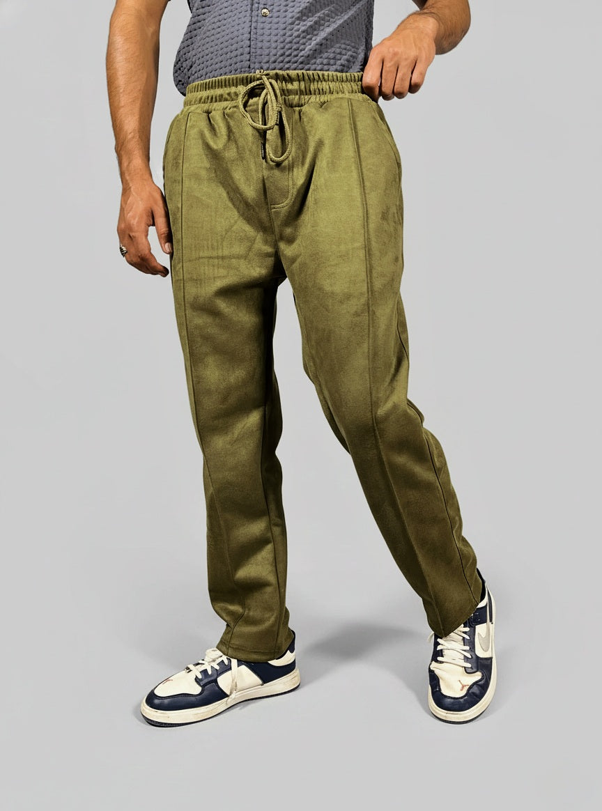 Modern Panelled suede Trouser (Olive Green)