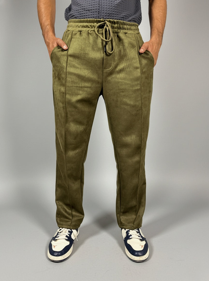 Modern Panelled suede  Trouser (Olive Green)