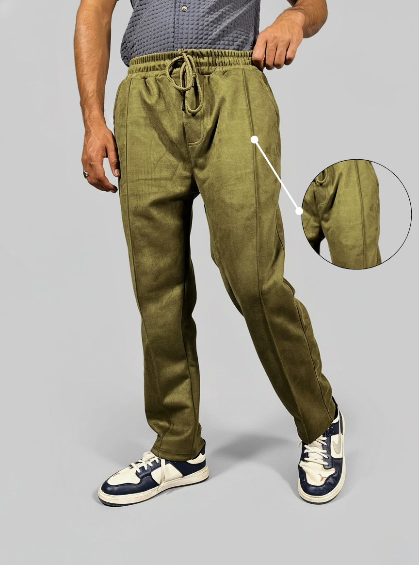 Modern Panelled suede  Trouser (Olive Green)